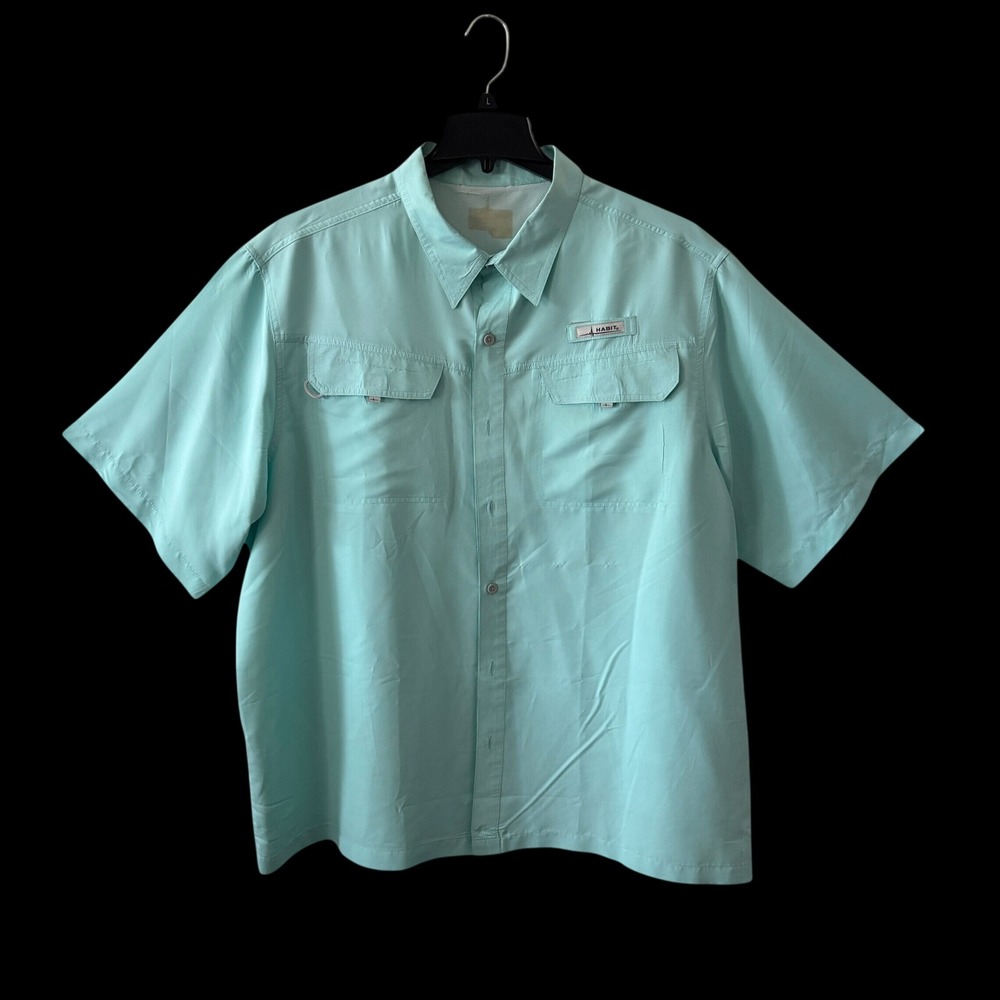 Habit Button Up Fishing Shirt Mens 2XL Aqua Blue Short Sleeve Vented Outdoor UPF